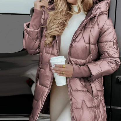 Women's Winter Warm Hooded Mid Length Coats Thicken Outwear Pockets Coat Parka Jacket