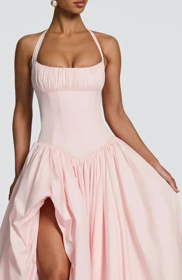 Princ Sle Long Dr LinJ High Waist Fibone Split Ne Hanging Strap European Sle Casual Wear for Middle-Aged Women - Shellss