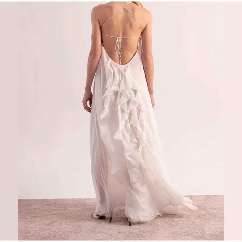 Elegant White Ruffles Edge Backless Long Dresses