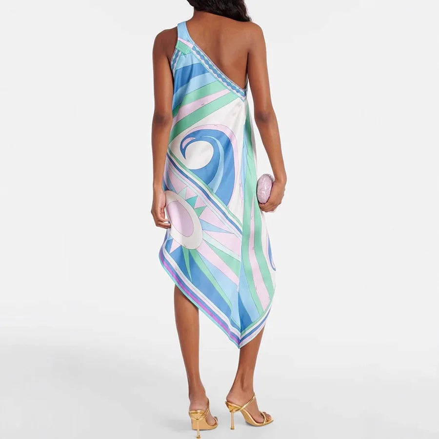 Sexy Slant Shoulder Satin Vacation Dress Women Elegant Print Backless Irregular Short Dress Casual Sleeveless Loose Party Dress - Shellss