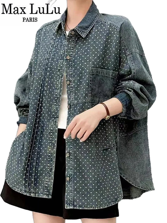 Max LuLu 2025 Spring Korean Womens Fashion Dot Denim Shirts Females Leisure Vintage Loose Tops Oversized Luxury Printed Blouses