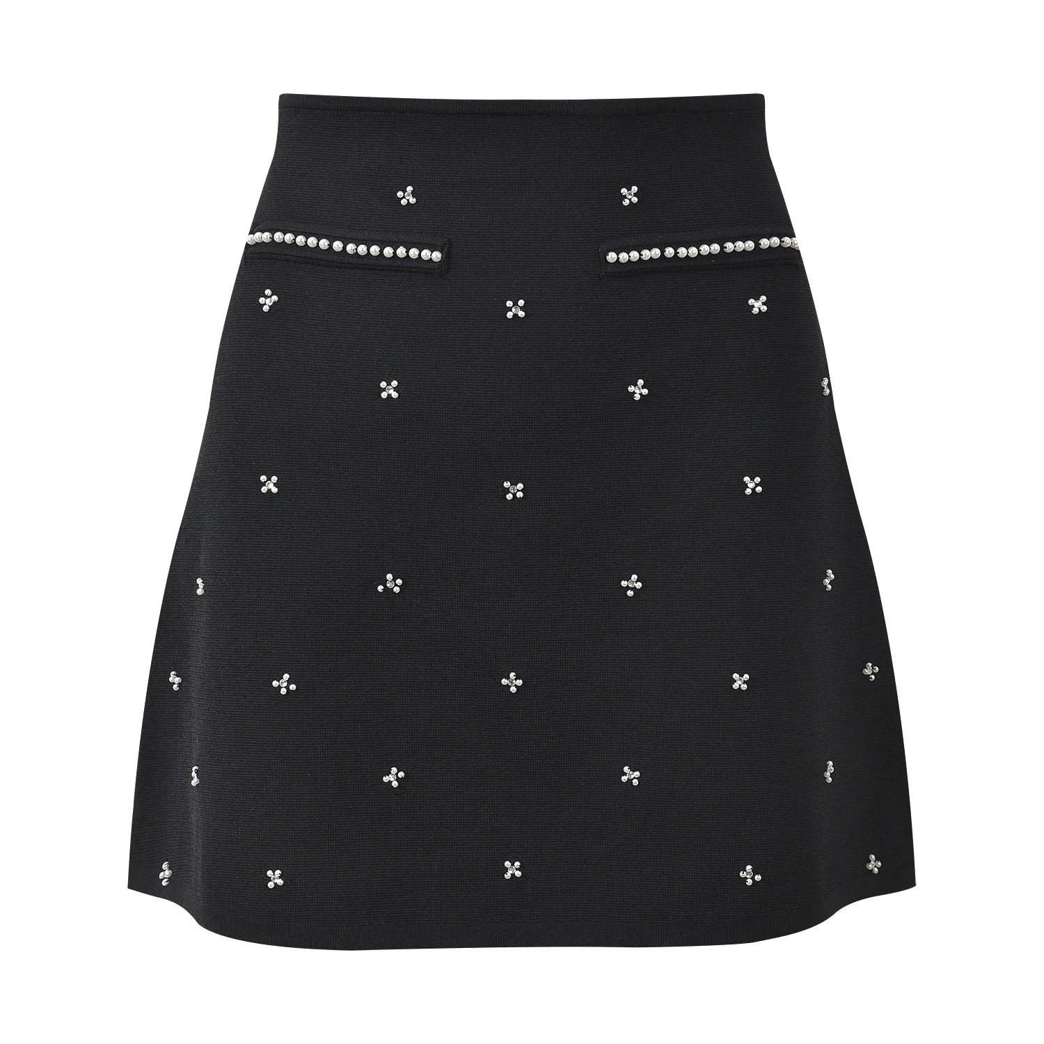 Sandro Summer New French Style Heavy Beaded Slim Fit Black Round Neck Sleeveless Top + Skirt