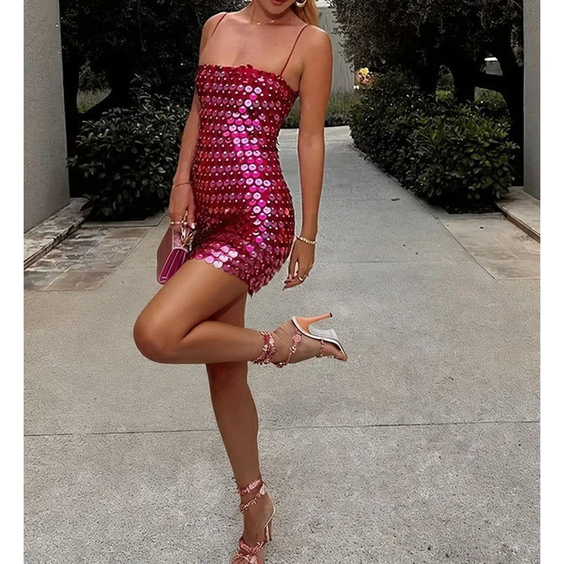 Women Party Club Shiny Sequined Backless Cami Dress Y2k Sparkly Slim Fit Adjustable Thin Spaghetti Strap Mini Bodycon Slip Dress