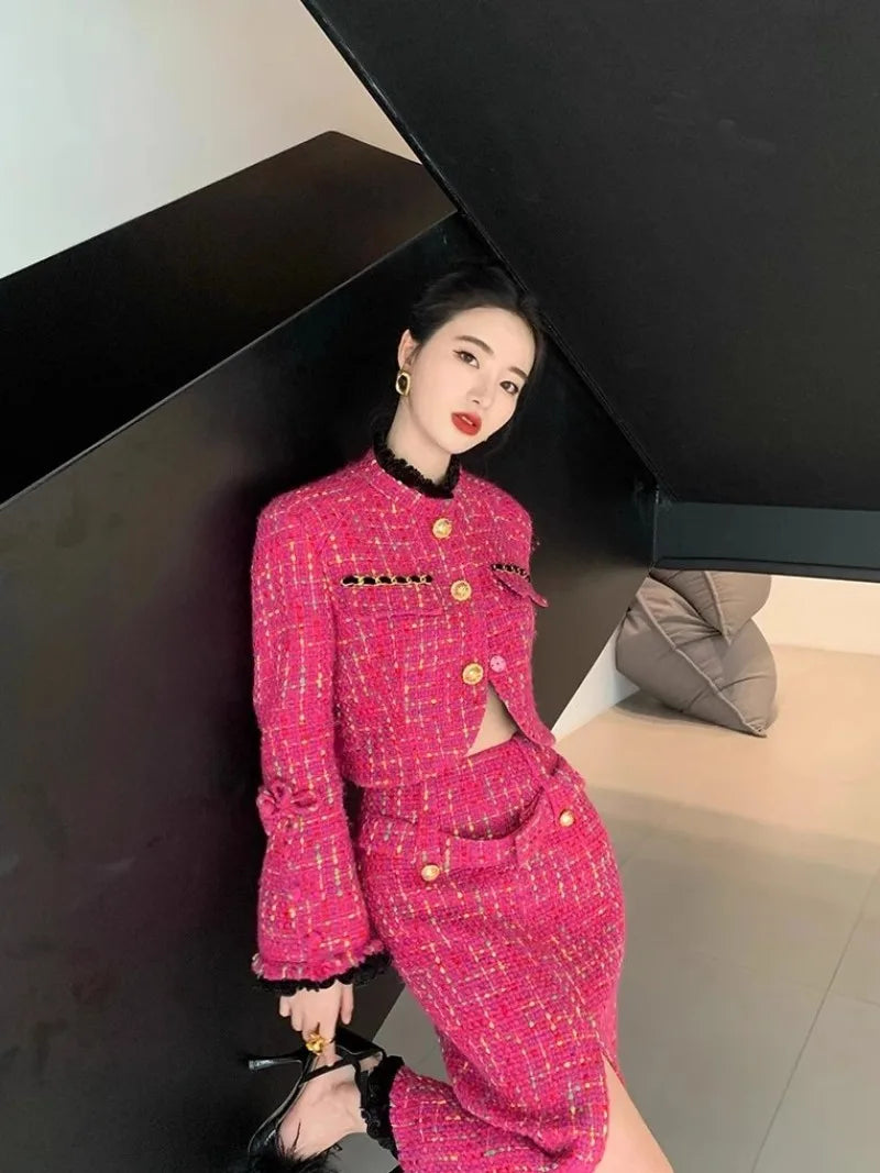 Pink Tweed Short Jacket & Skirt Two Piece - Shellss