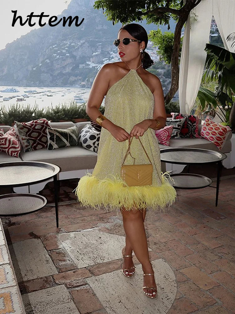 Yellow Sparkly Feathers Mini - Shellss