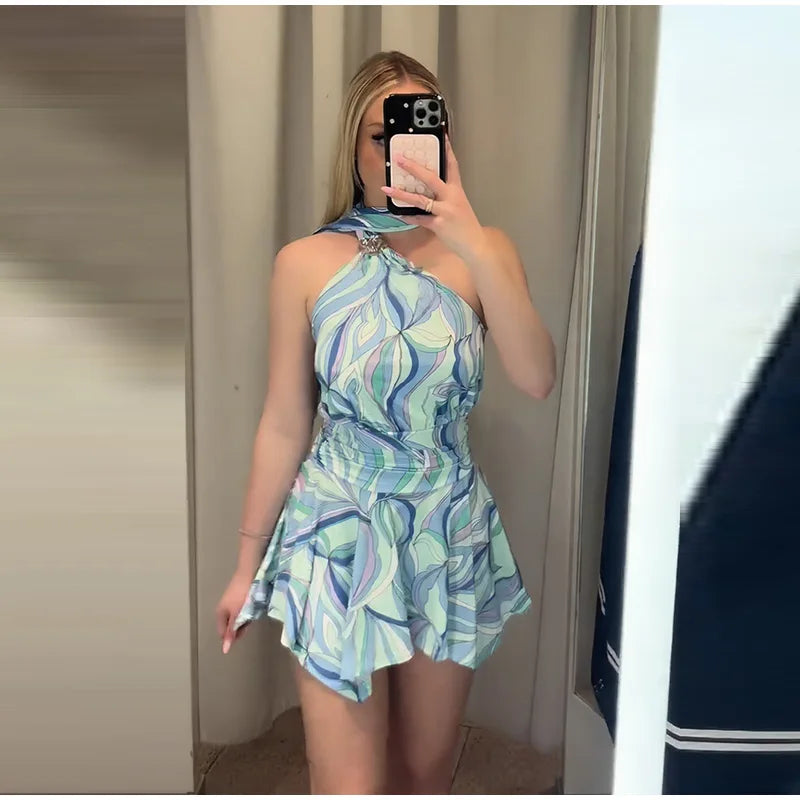 Print Women Dress Backless Mini Dress Halter High Waist Dresses Flared Skirt Hem Waist Shaping Slimming Casual Trendy Street Sty