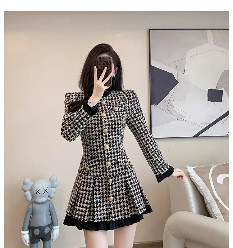 Elegance Tweed Style Waist-fitted Dress