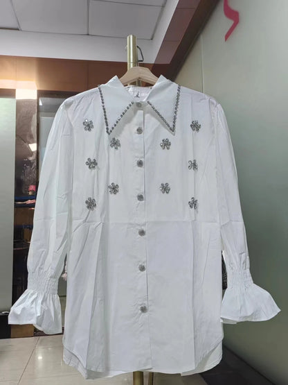 Oversize Rhinestone Embroidery Cotton Shirts