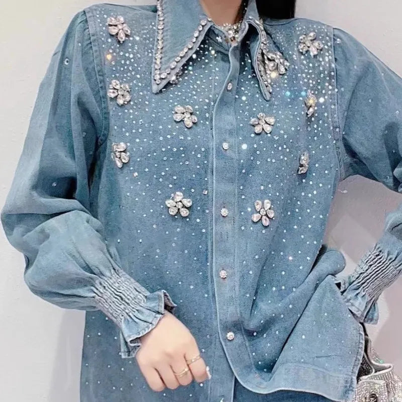 2025 Chic Diamonds Beaded Flowers Denim Blouses Rhinestones