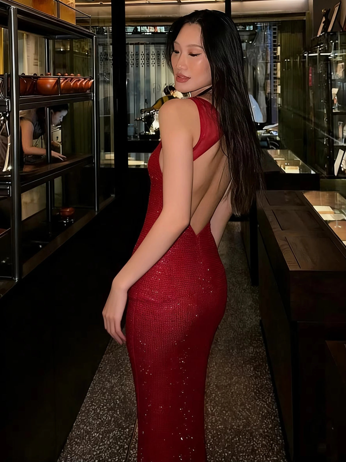 Christmas Backless Sequin Dress Women Sexy Sleeveless Low-Neck Stretch Skinny Elegant Fashion Party Club Maxi Bodycon