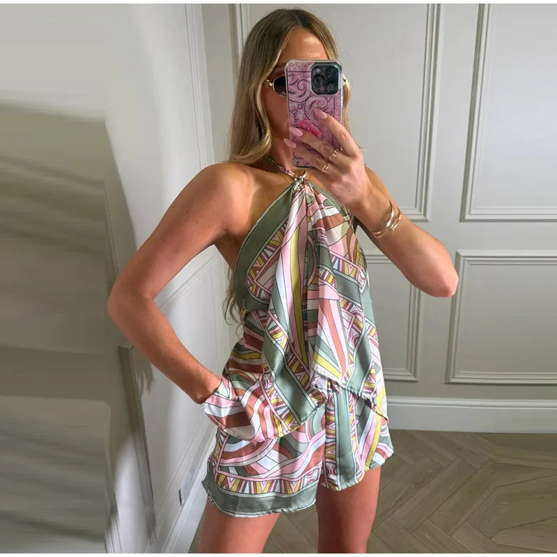 Sexy Women's Satin Printed Vest Shorts Set Lace Up Backless Strapless Crop Tops High Waist Short Pant 2026 Summer Beach Suit