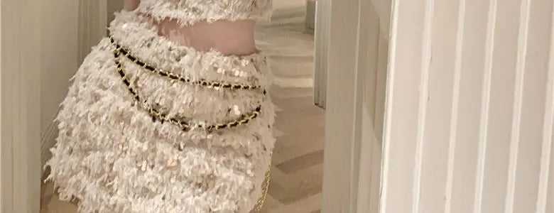 Summer New Little Fragrance Style Hot Girl Tassel Bright Particle Top Bodycon High Waist  Skirt Two Piece Set Women