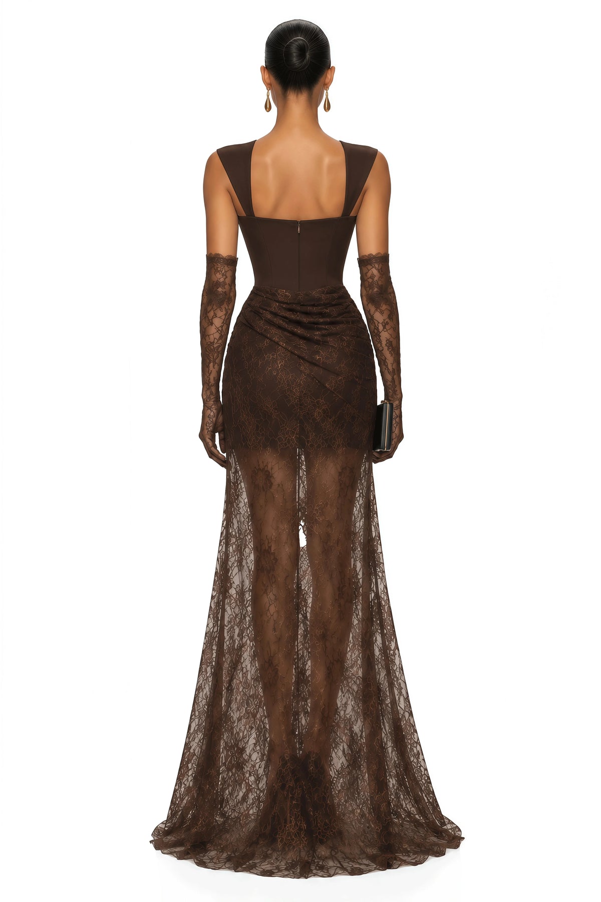 Vintage Luxury Brown Sheer Lace Floor Length Evening Gown Elegant Women Party Gown for Dubai Saudi EID Gala Dinner Wedding Guest - Shellss