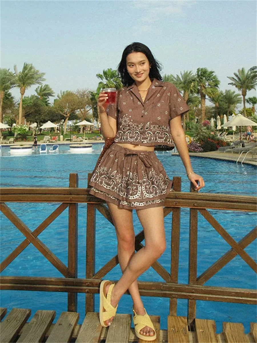 100% Cotton Women Single Breasted Vintage Print Shirt Tops + Lace-Up Shorts Summer - Shellss