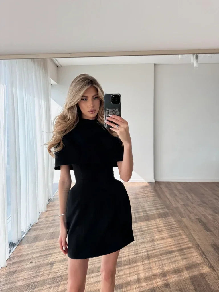 Solid Shawl Mini Dress Elegant Square-neck