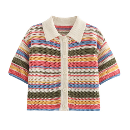 POLO collar short knitted striped shorts set