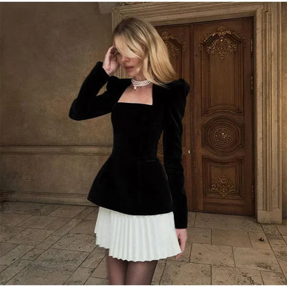 Pleated Velvet Black Fashion Mini Dress Elegant Square Neck Shoulder Contrasting Hem Midi Dresses Lady Evening Party Vestido
