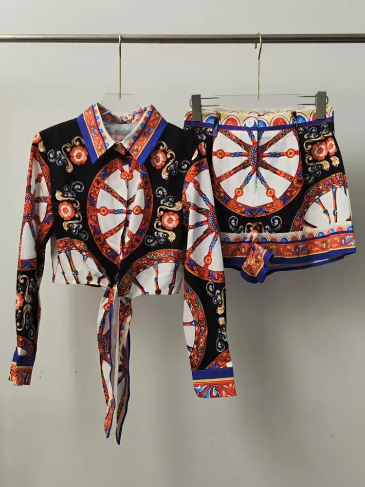 Designer retro geometric print tube top pullover shirt top two-piece set 2026 summer women's clothing + shorts hot pants suit - Shellss