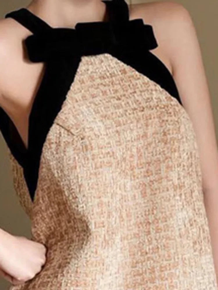 DEAT Women Halter Bow Tweed Mini Dress Color Block Neck Trim Loose Straight Cut Sleeveless Elegant Cocktail Birthday Daily