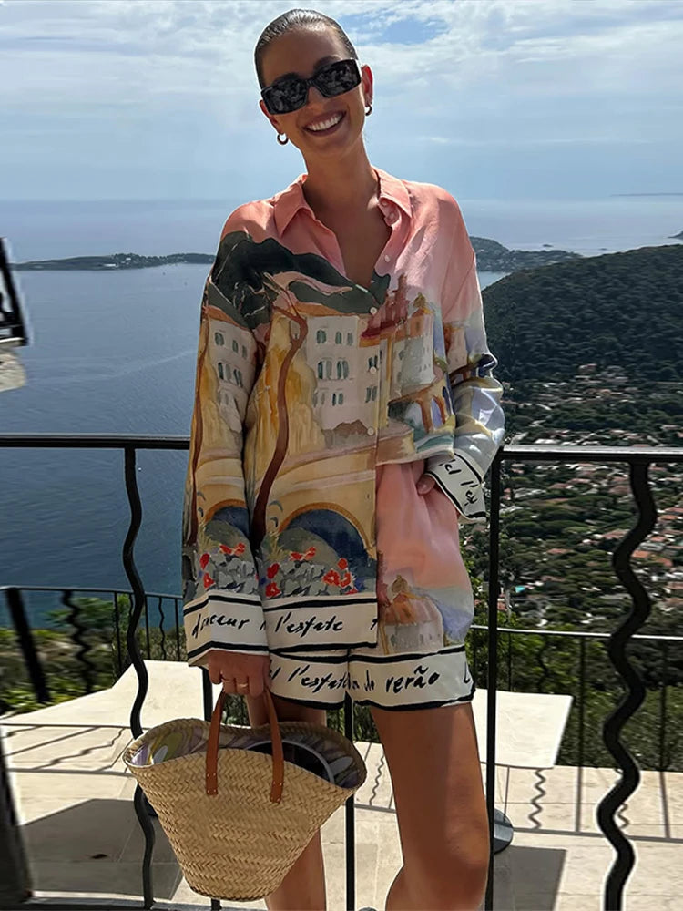 Fashion Printed 2 Piece Set Loose Lapel Button Long Sleeved Shirt Elastic Waist Shorts Suit 2025 Summer Autumn Beach Lady Set