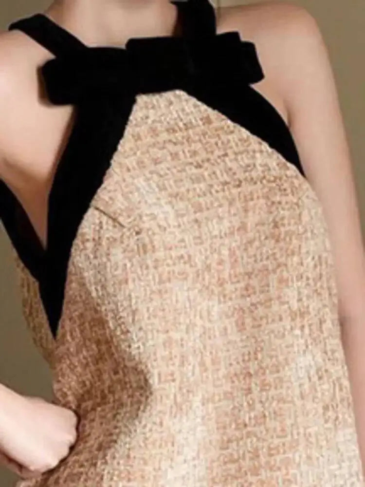 DEAT Women Halter Bow Tweed Mini Dress Color Block Neck Trim Loose Straight Cut Sleeveless Elegant Cocktail Birthday Daily