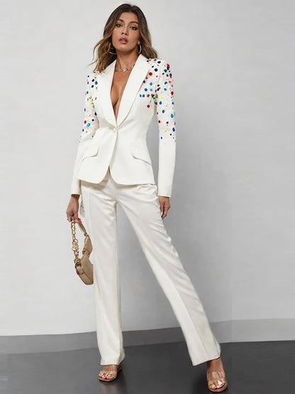 White Pant Suits Women handmade Beading Premium