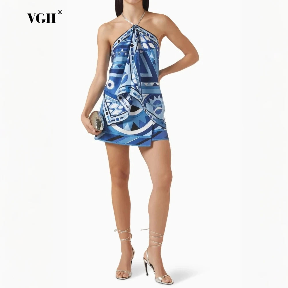 VGH Daily Street Style Blue Print Halter Satin Tank Tops for Women Sleeveless Asymmetrical Hem Design Vest for Beach Vacation