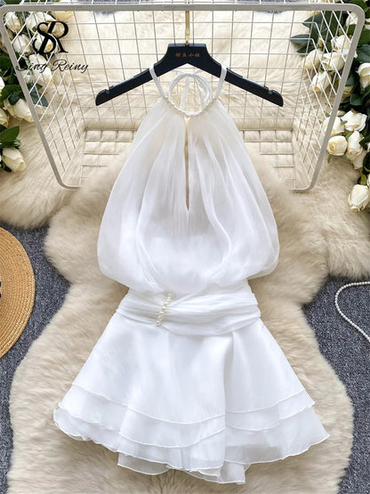 Chiffon Pearl Halter Mini Dress