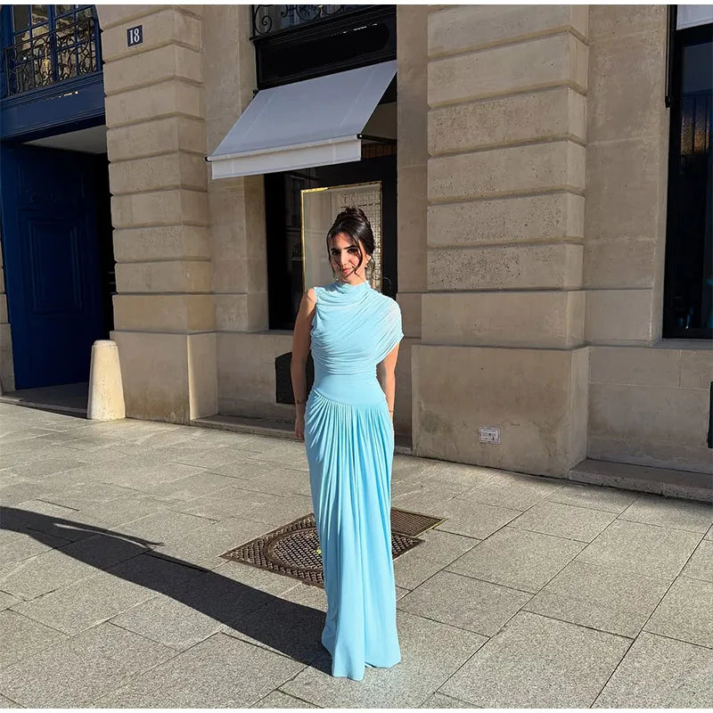 Irregular Shawl Blue Maxi Dress Women's Fashion Turtleneck Slim Fit Pleated Vestidos 2025 New Lady Evening Party Robes Summer - Shellss