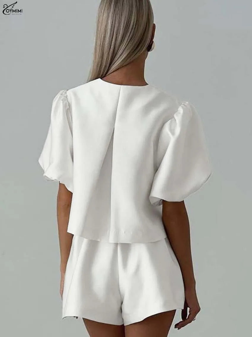 White Satin 2 Piece Sets Puff Sleeve
