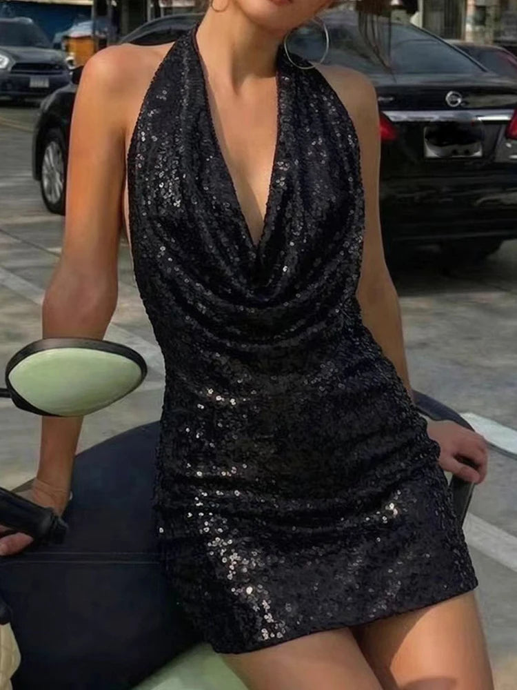 Casual Sleeveless Bodycon Short Party Dresses Women Sexy Halter Glitter Sequin Mini Dress Summer Backless Hollow Slim Hips Dress - Shellss