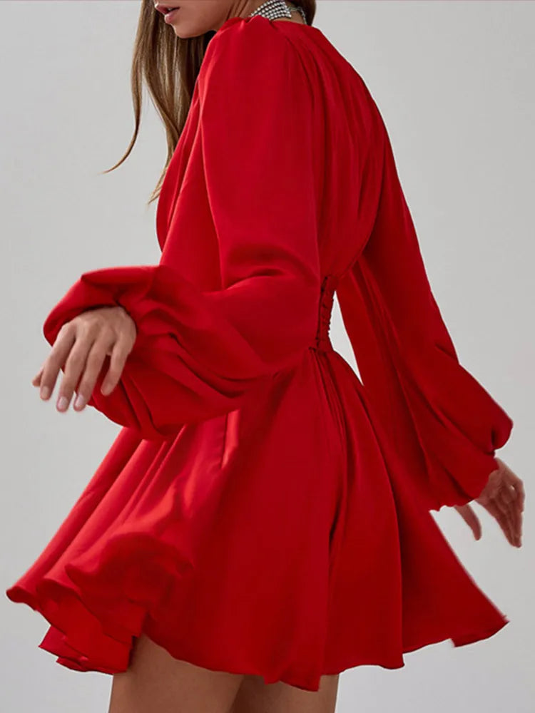 Elegant Red High Waist Long Lantern Sleeve Female Dress