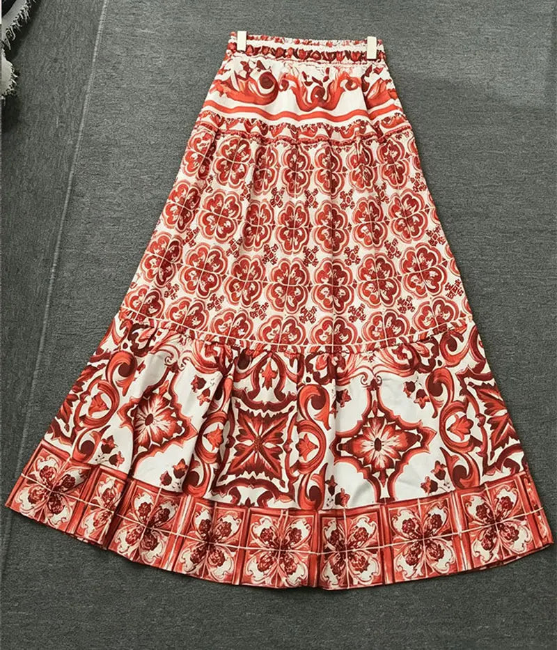 2026 Fashion Print Two-Piece Suit T-Sleeve T-Shirt round Neck Short Sleeves Big Fluffy Skirt Temperament Female Dress Code - Shellss