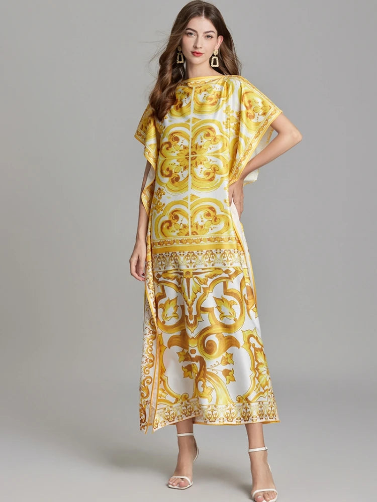 Summer Runway Vacation Yellow Batwing kaftans Dolce Dress - Shellss
