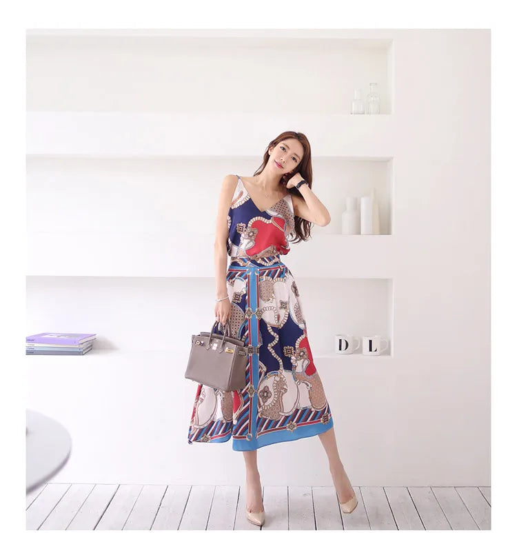 H Han Queen Hot Sale Summer Women Print Work 2 Pieces Set Camisole Top Blouses + Vintage A-Line Skirt Korean Simple Skirt Suit