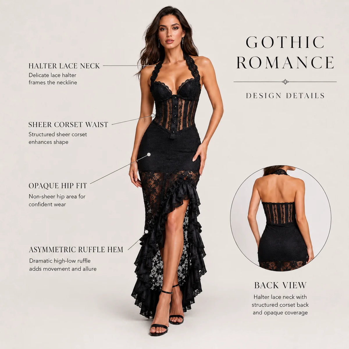 Women's Gothic Lace Halter Midi Dress Sleeveless Corset Bodycon Asymmetrical Hem Sheer Patchwork Party Dress