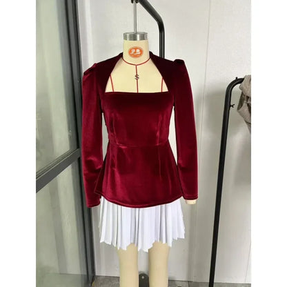 Pleated Velvet Black Fashion Mini Dress Elegant Square Neck Shoulder Contrasting Hem Midi Dresses Lady Evening Party Vestido