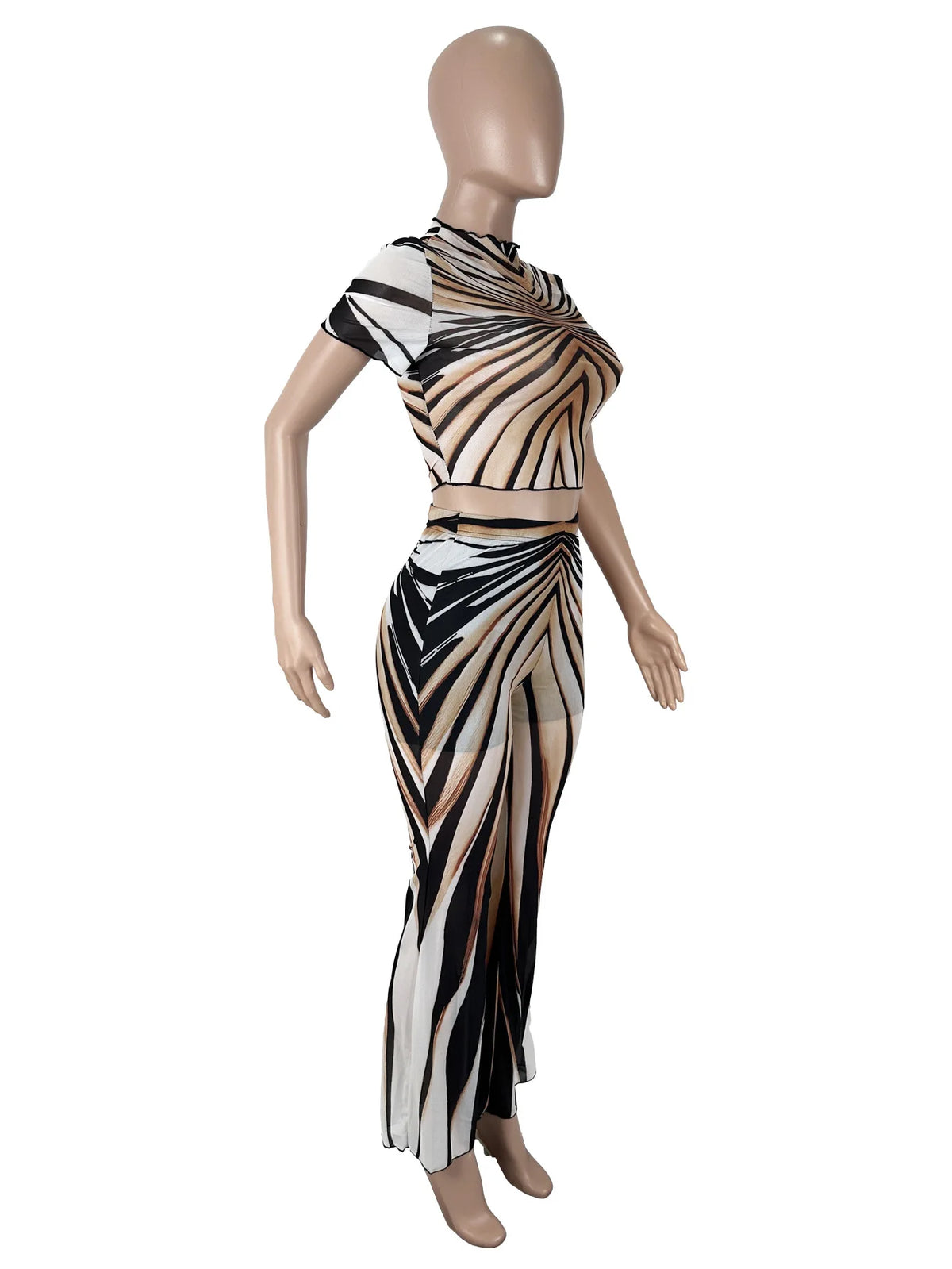 Summer Stripe Sheer Mesh Two Piece Set Women Short Sleeve Top High Waist Pants Elegant See Through Bodycon Matching Sets - Shellss