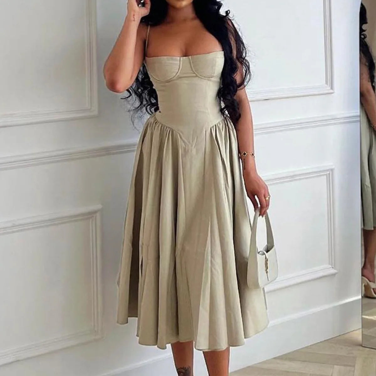 Suninheart Spaghetti Strap Summer Party Dresses 2025 New Arrivals Fit and Flare Elegant Midi Dress Red Night Date Dress - Shellss