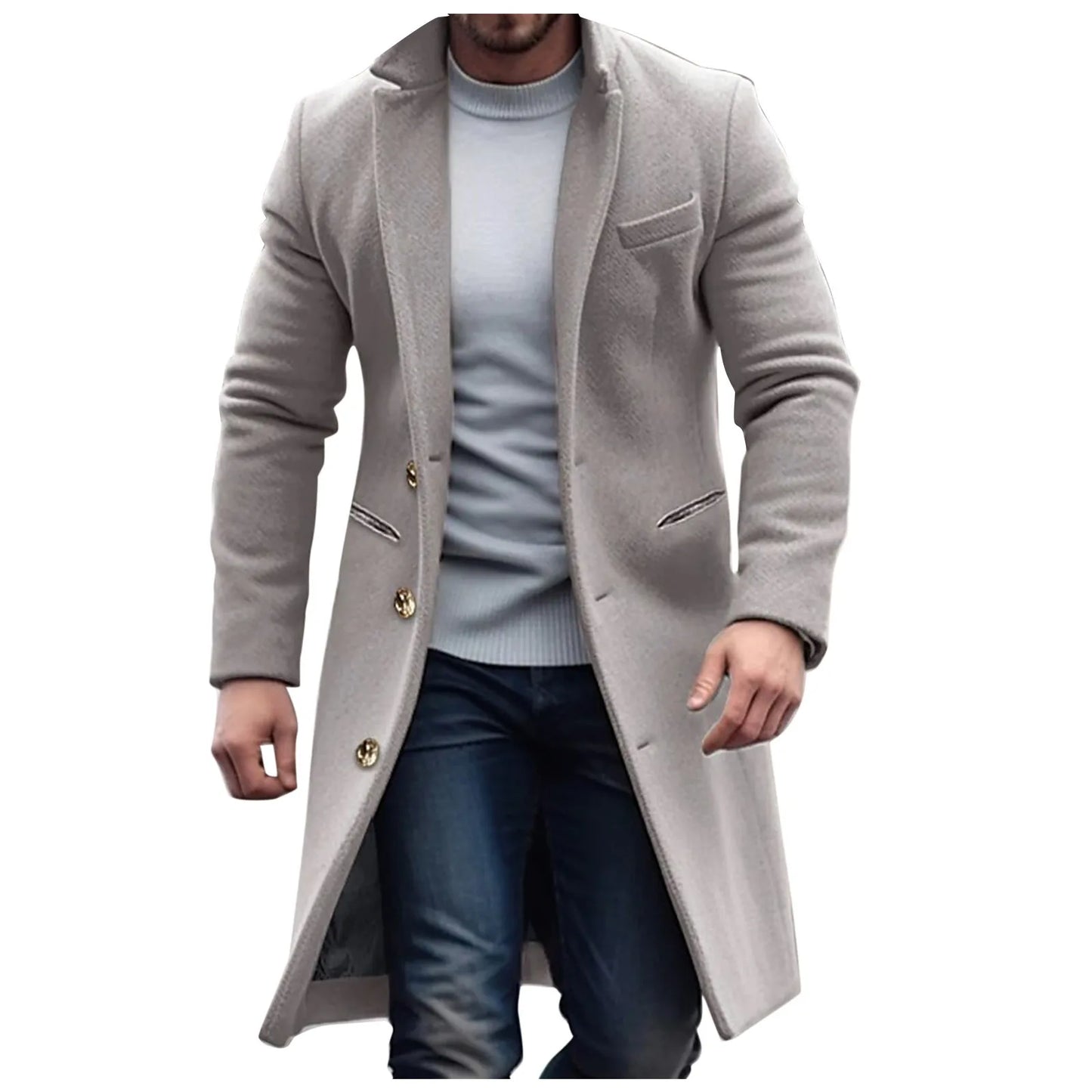 Mid Length Men Winter Windbreaker Jacket Solid Color Lapel Single Breasted