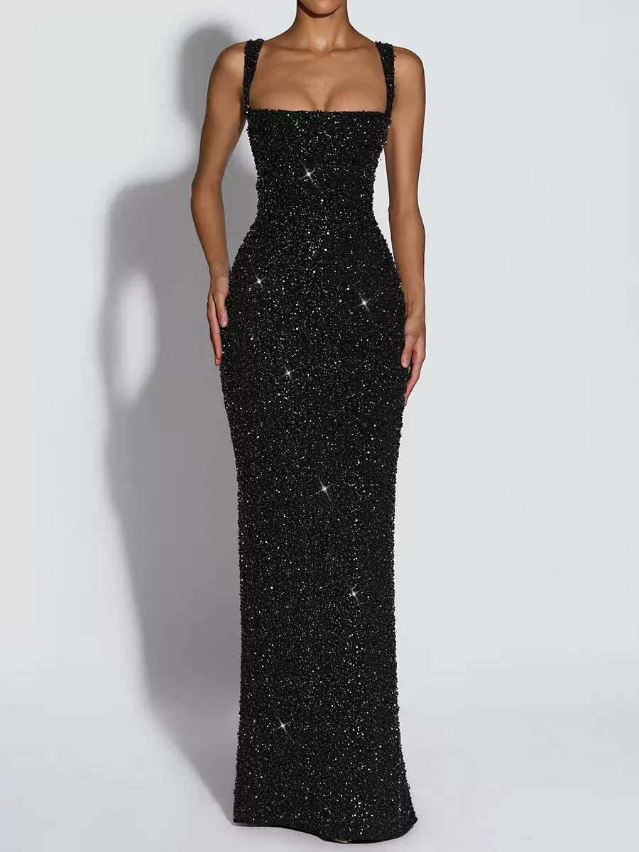 Women European American Sequin Cami Dress Sleeveless Tie Slim Fit Cocktail Party Evening Gown