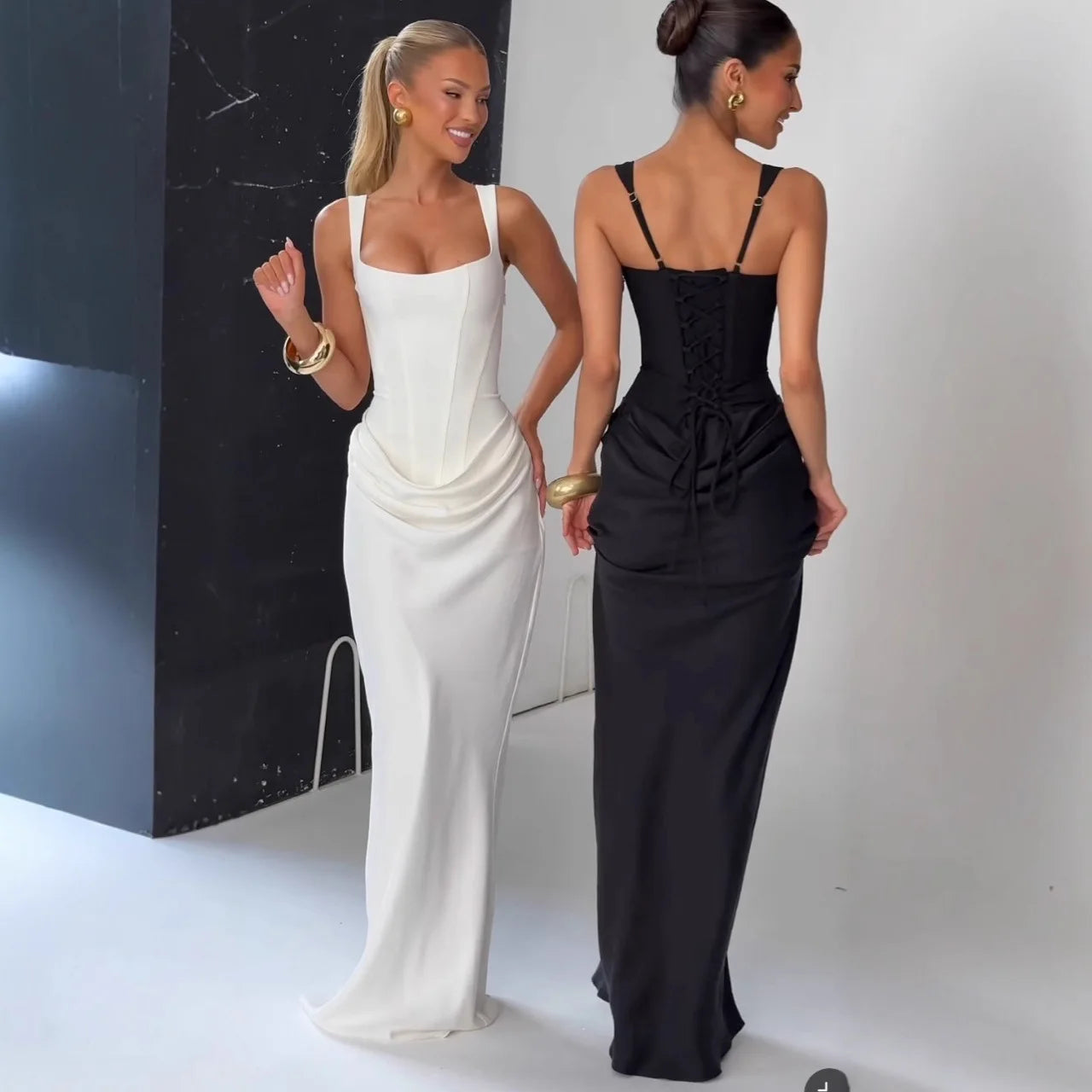 Suninheart White Women's Maxi Dress Elegat Lace Up Dress Slim Formal Wedding Guest Party Dress - Shellss