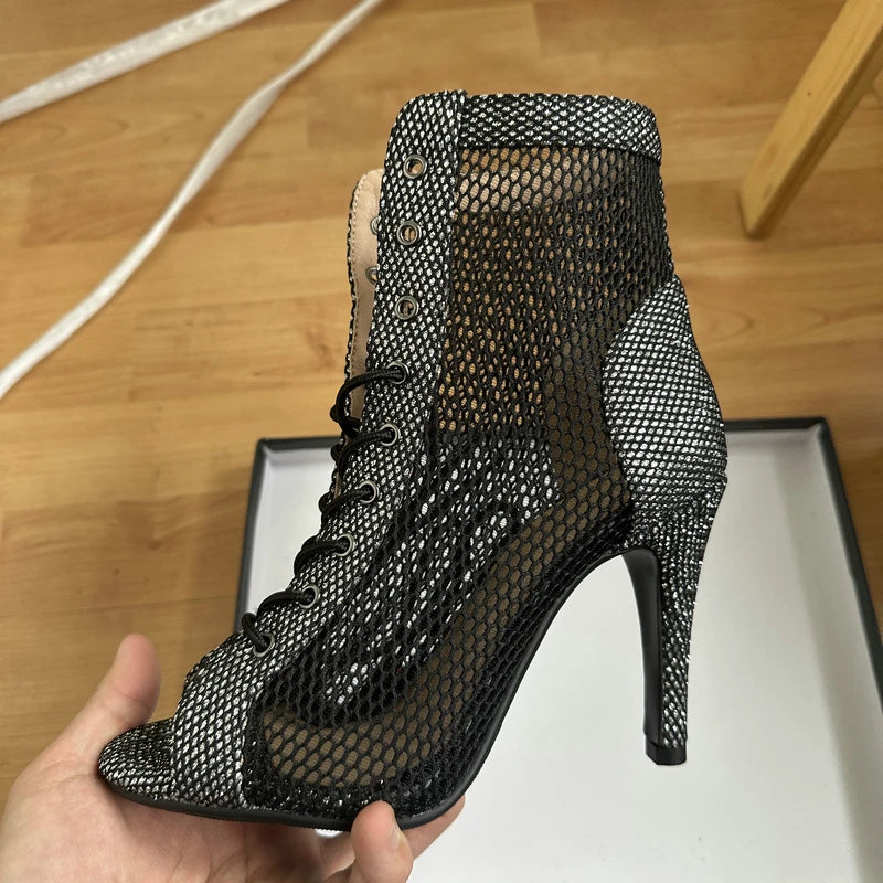 New Sexy High Heels Hollow Mesh Sandals Summer Fashion Trend Comfort Peep Toe Boots Stilettos Jazz Dance Female Shoes Plus Size