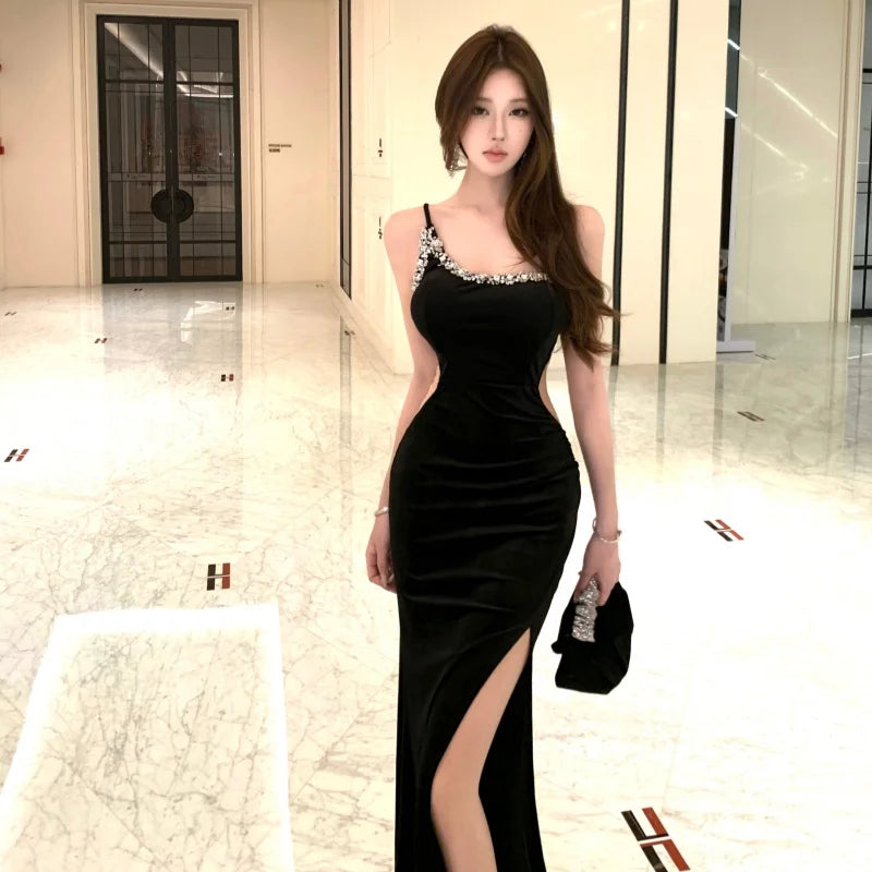 Summer French Elegant Fashion Evening Gown Women's Backless One-shoulder Bodycon Velvet Dress High-end Diamond Slim Gown Summer