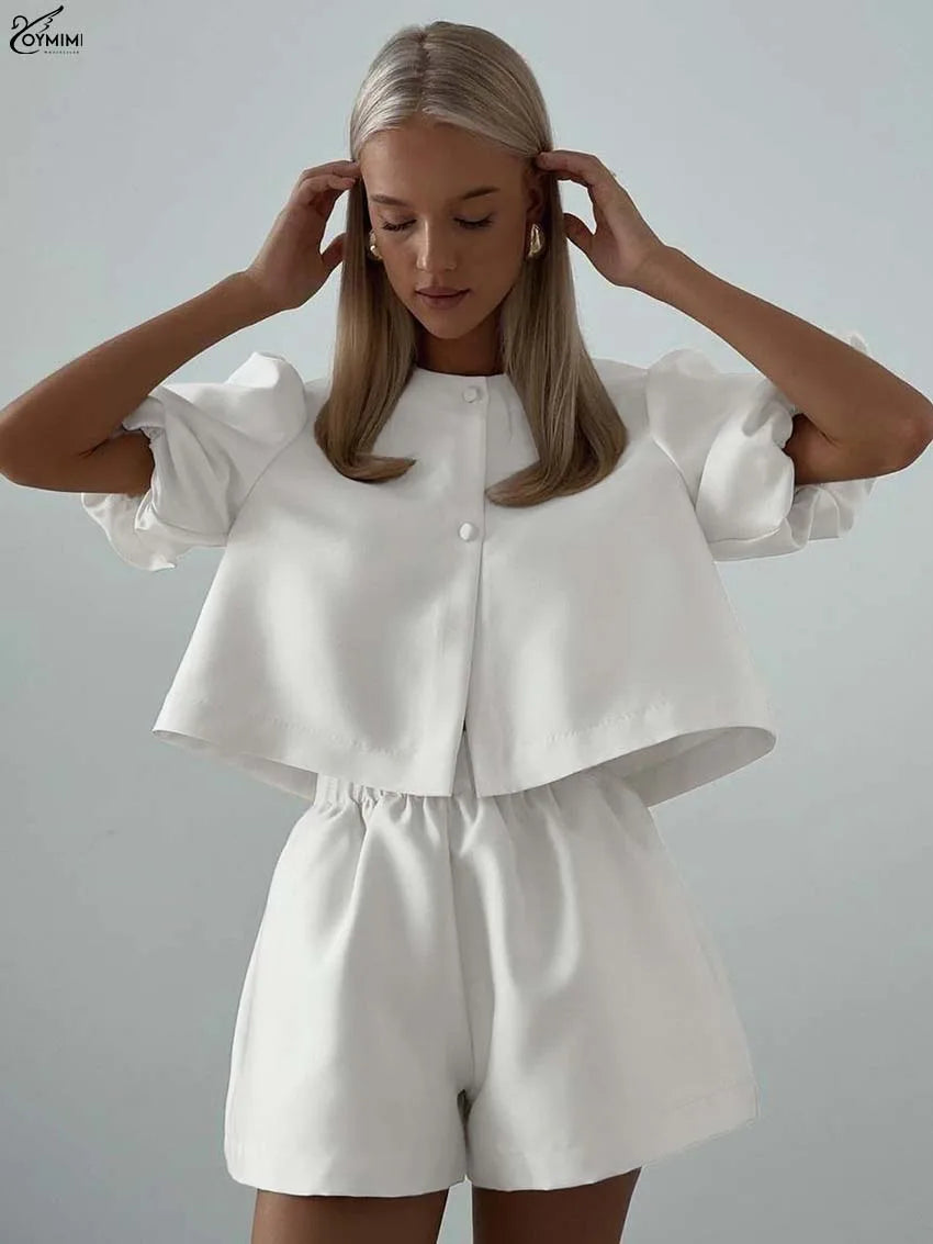 White Satin 2 Piece Sets Puff Sleeve