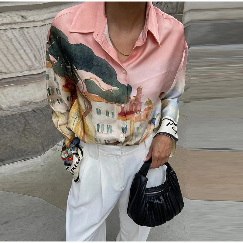 Fashion Printed 2 Piece Set Loose Lapel Button Long Sleeved Shirt Elastic Waist Shorts Suit 2025 Summer Autumn Beach Lady Set