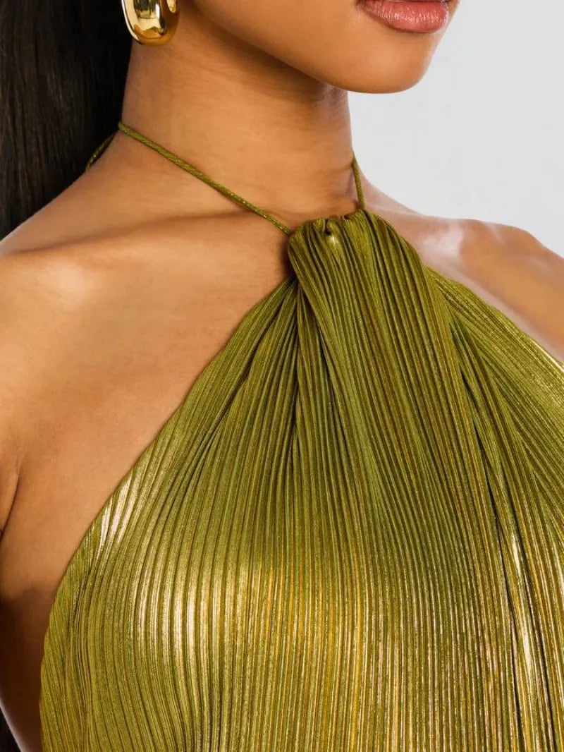 Sexy Off Shoulder Halter Folds Slit Long Dress Luxurious Women Corset Party Dress Gold Halter Neck Evening Dress