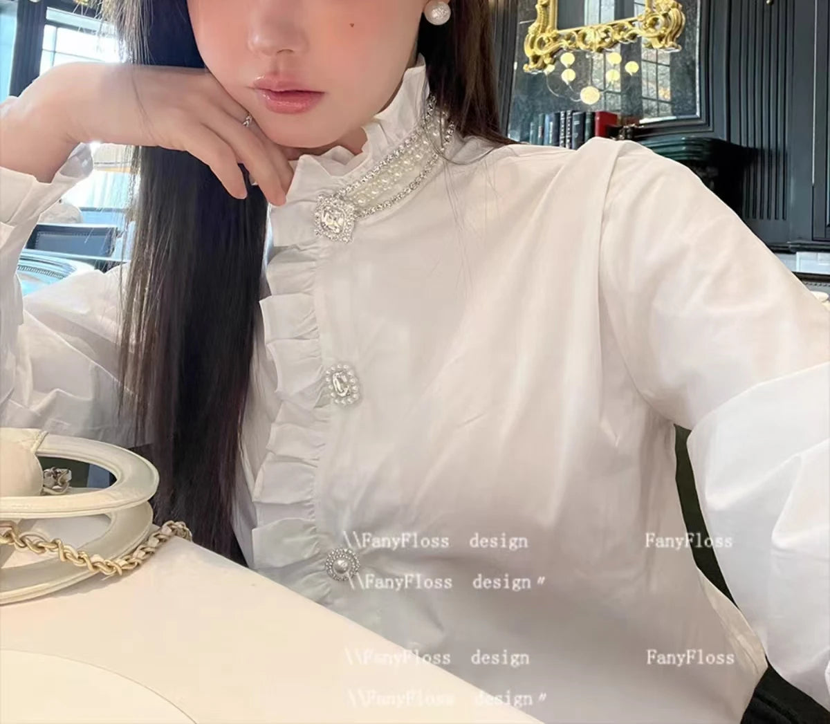 Cotton Luxury Diamonds Embroidery Sweet Ruffles Shirt