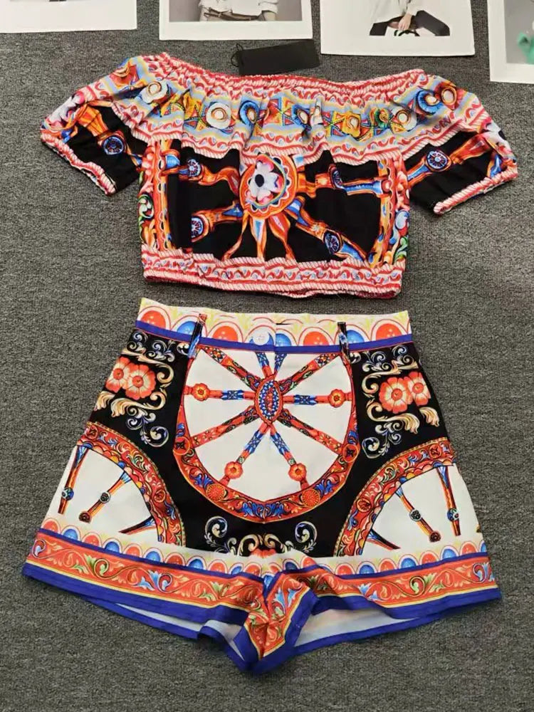 Fashionable and sexy word-neck printed waist-less blouse new summer two-piece pants+high waist shorts holiday women's suit - Shellss