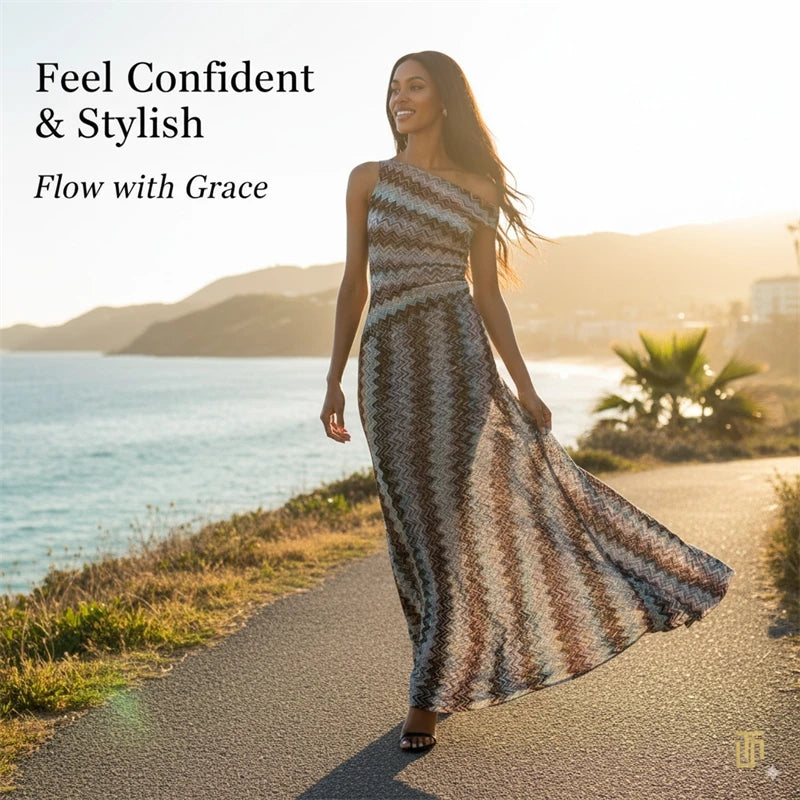 One Shoulder Maxi Dress for Women Striped Sleeveless Long Slim Fit Flowing Beach Dress – Sunset Seaside Vacation Look - Shellss